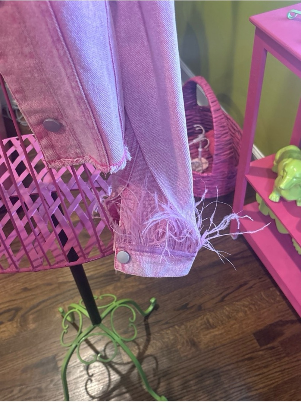Pink Women's Denim Jacket with Feather Cuffs - Picture 2 of 2